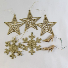 Lot of 7 Golden Glitter Christmas Tree Holiday Ornaments Stars Snowflakes Heels