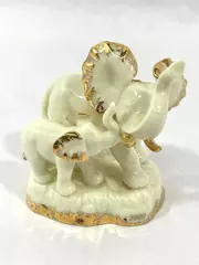 2000 Porcelain Elephant And Baby Ornament White Gold Gild Trim