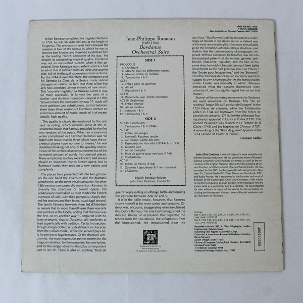 Jean Philippe Rameau Dardanus Orchestral Suite 12in Vinyl LP 33 RPM Classical