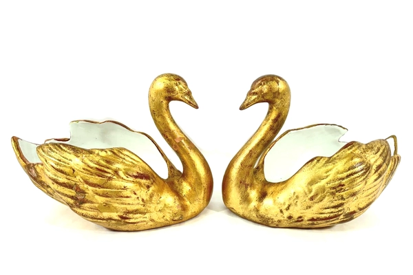 Lot of 2 Hand-Painted Gold Swan Vases Bowls Italy Decorative Crafts