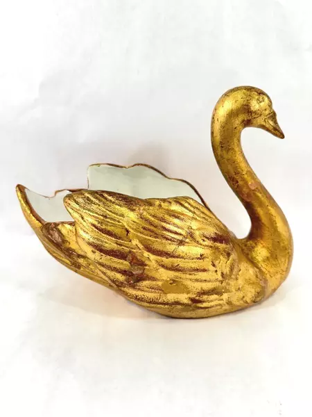 Lot of 2 Hand-Painted Gold Swan Vases Bowls Italy Decorative Crafts