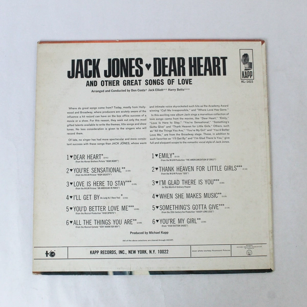 Jack Jones Dear Heart Vinyl LP Kapp KL-1415 1965