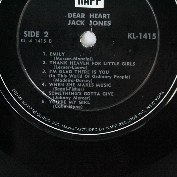 Jack Jones Dear Heart Vinyl LP Kapp KL-1415 1965