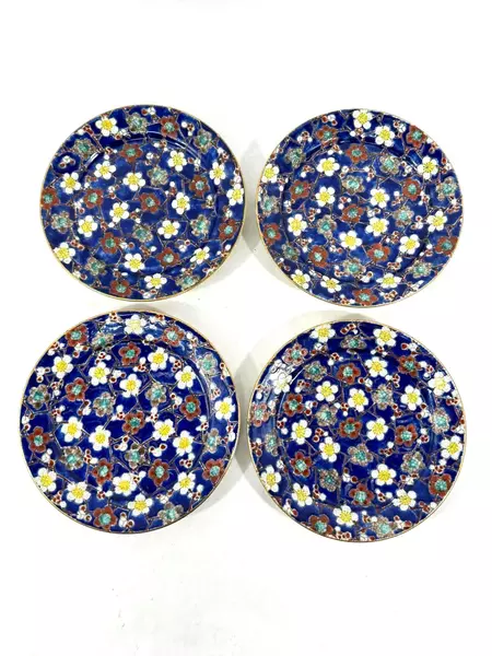 4 Vintage Hand Painted Cobalt Blue Porcelain Plates Floral Gold Trim 7.25"