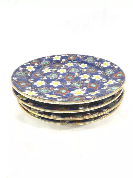 4 Vintage Hand Painted Cobalt Blue Porcelain Plates Floral Gold Trim 7.25"