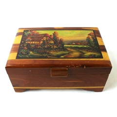 Vintage Cedar Jewelry Box Applied English Cottage Scene Hinged Lid