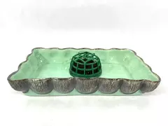 Vtg Aborn Pottery G1 Shallow Flower Bowl Vase with Frog Green Garden Decor