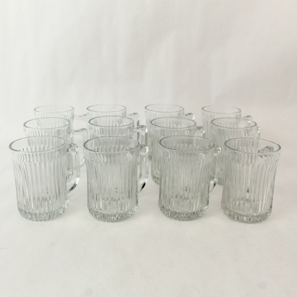 Lot of 12 Vintage Royal Crest Ribbed Clear Glass Coffe Tea Mugs with Handle