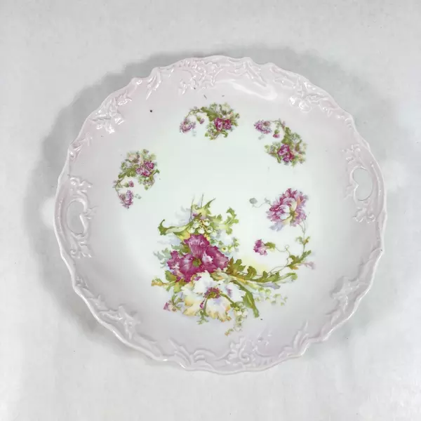 Vintage Porcelain Plate With Open Handles White With Pink Flowers