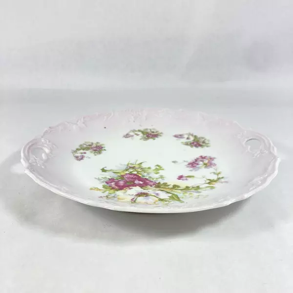Vintage Porcelain Plate With Open Handles White With Pink Flowers