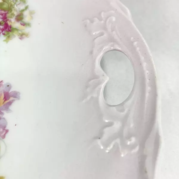 Vintage Porcelain Plate With Open Handles White With Pink Flowers