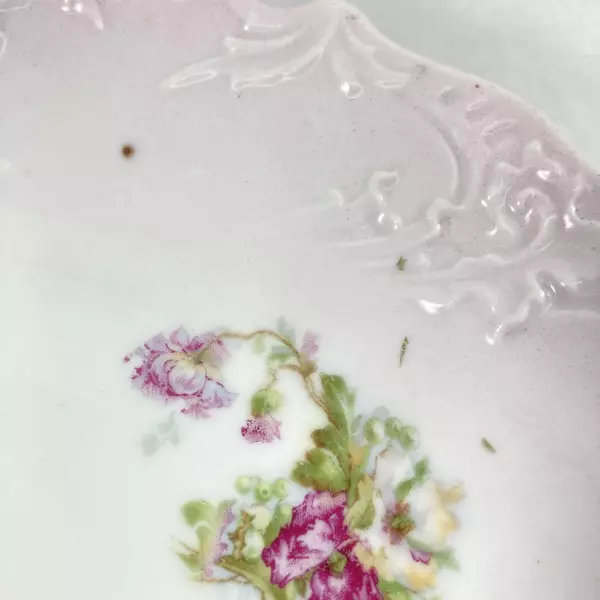 Vintage Porcelain Plate With Open Handles White With Pink Flowers