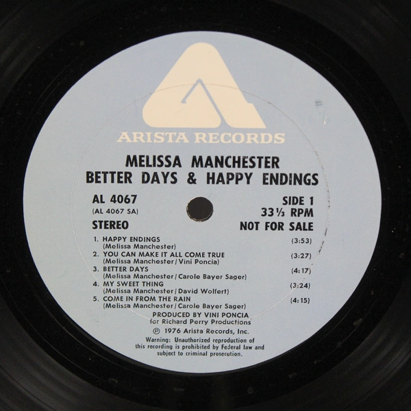 Better Days and Happy Endings Melissa Manchester Vinyl LP 1976 Arista AL 4067