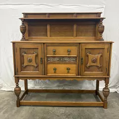 Antique Barley Twist Tiger Oak Wood Buffet Sideboard With Carved Detail