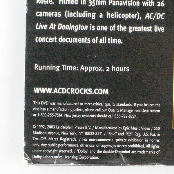 AC/DC Live at Donington 1991 Concert DVD Pre-Owned Not Tested