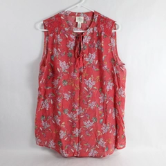 St John's Bay Women's Salmon Pink Floral Sleeveless Blouse with Buttons Size XL