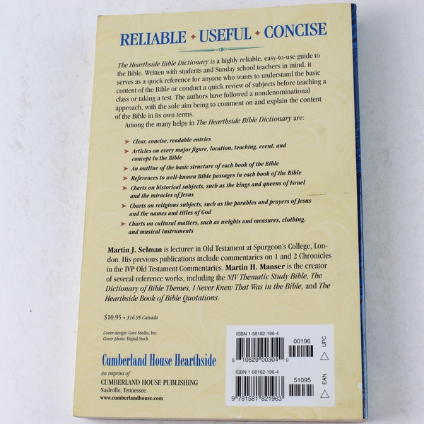 The Hearthside Bible Dictionary by Martin Manser & J. Selman 1998 Paperback