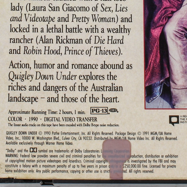 Quigley Down Under VHS 1991 Tom Selleck