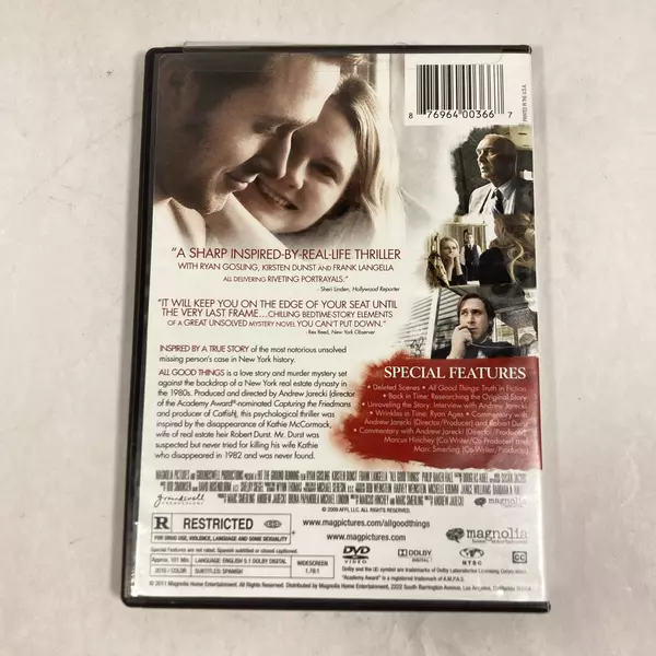 All Good Things DVD 2010 Magnolia Ryan Gosling Kirsten Dunst Murder Mystery