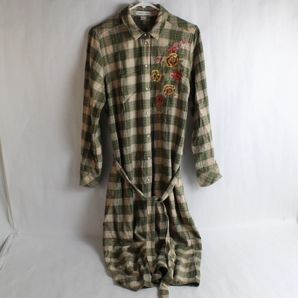 Coldwater Creek Unisex Green Flower Embroidery Button Up & Belted Dress Size M