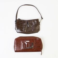 Lot of 2 Brown Faux Alligator Skin Mini Handbag Clutch and Wallet