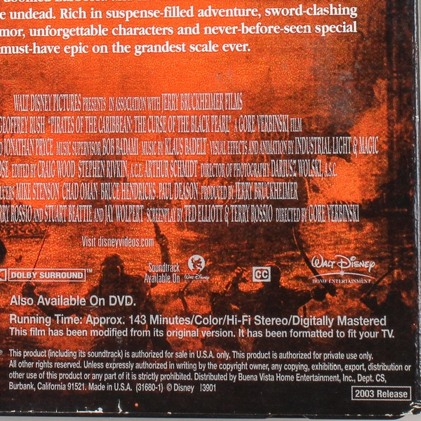 Pirates of the Caribbean The Curse of the Black Pearl VHS 2003
