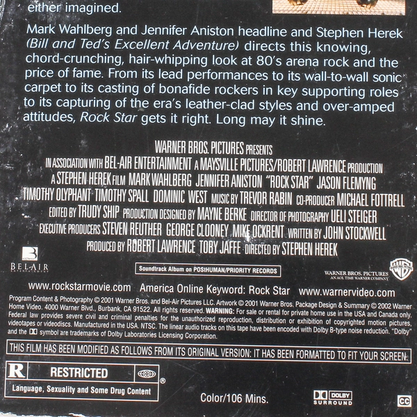 Rock Star VHS 2002 Mark Wahlberg Jennifer Aniston