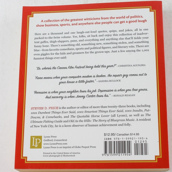 1001 Funniest Things Ever Said By Steven D. Price 2010 Paperback