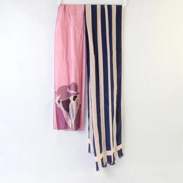 Lot of 2 One Multicolored Graphic Print One Blue Pink Striped Women's Scarves