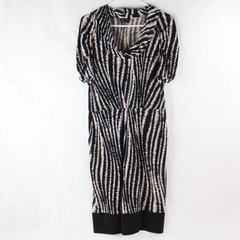 Maxandcleo Women's Black Beige Striped Short Sleeve Turtle Neck Midi Dress Sz L