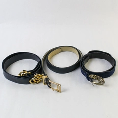 Lot of 3 Women's Belts Navy Blue Faux Leather Fabric With Gold Tone Buckles