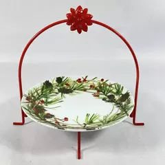 Hallmark Holiday Pine Cone Holly Berries Plate With Metal Poinsettia Stand