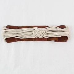 Belgo Lux Brown White Macramé Stretchy Snap Button Closure Women's Belt 33" M/L