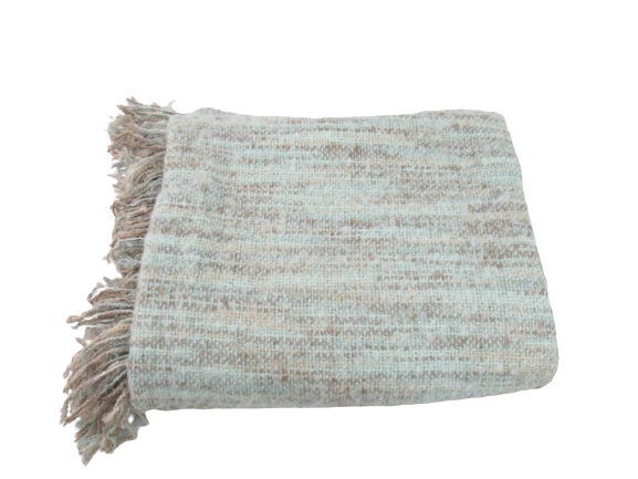 Saro Lifestyle Soft Blue Tan & Brown Knit Crochet Throw Accent Blanket Fringe
