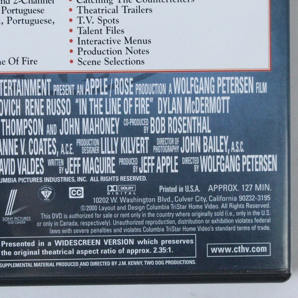 In the Line of Fire DVD Clint Eastwood John Malkovich 2000 Castle Rock 52317