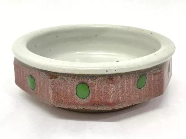 Signed Brown Art Pottery Bowl with Green Dots & White Center 6" Diameter