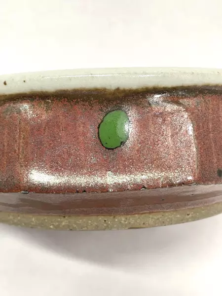 Signed Brown Art Pottery Bowl with Green Dots & White Center 6" Diameter