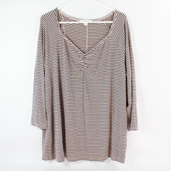 Sejour Women's Pink & Gray Striped 3/4 Sleeve Ruched V Neck Shirt Size 3X