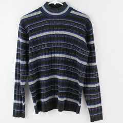Rena Rowan for Saville Black Gray Blue Striped Pullover Sweater Women's Medium
