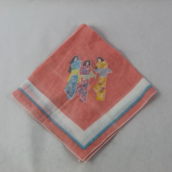 Vintage Pink White Woven Handkerchief with 3 Geisha Pattern 15" Square