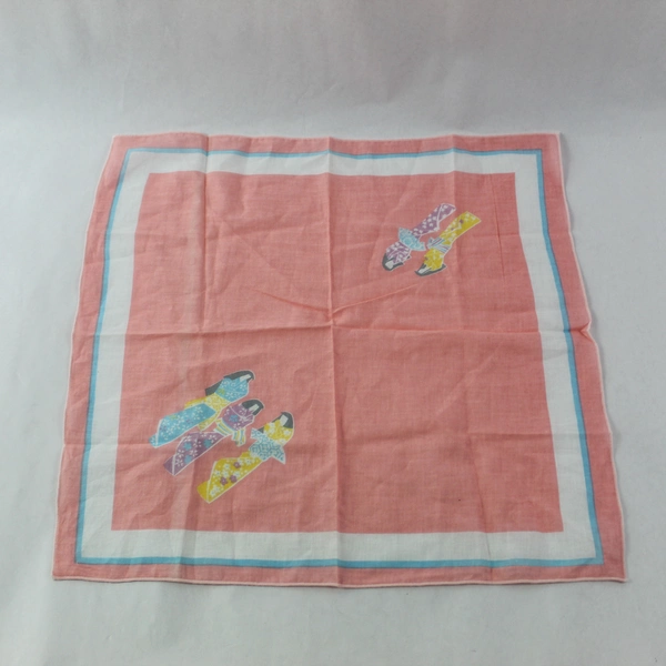Vintage Pink White Woven Handkerchief with 3 Geisha Pattern 15" Square
