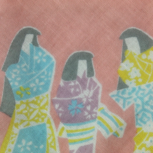 Vintage Pink White Woven Handkerchief with 3 Geisha Pattern 15" Square