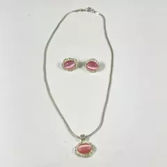 Pink Cat's Eye Pendant Necklace And Stud Earrings