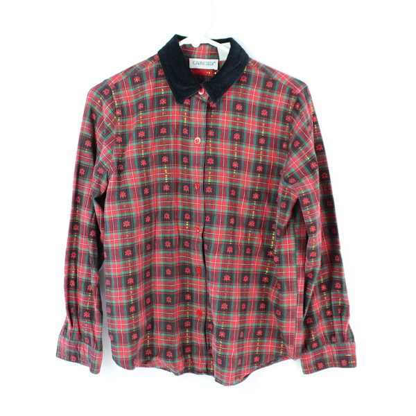 Cabin Creek Women's Red Plaid Holiday Button Up Shirt Size Petite M 99% Cotton