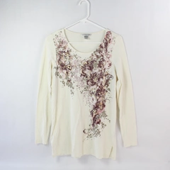 Christopher & Banks Women's White Long Sleeve Floral Pattern Shirt Size Small