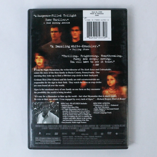 Signs DVD 2002 M. Night Shyamalan Mel Gibson Good Condition Untested