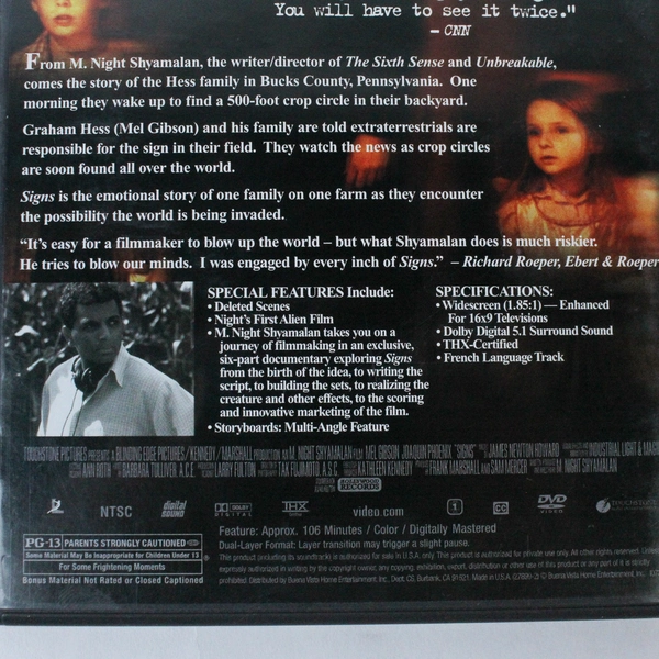 Signs DVD 2002 M. Night Shyamalan Mel Gibson Good Condition Untested