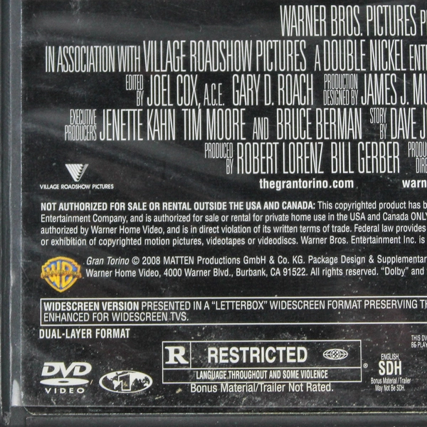 Clint Eastwood Gran Torino DVD 2008 Warner Bros Pre-Owned Widescreen Drama