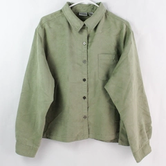 Chico's Women's Sage Green Long Sleeve Collar Button Up Cropped Shirt Size 2