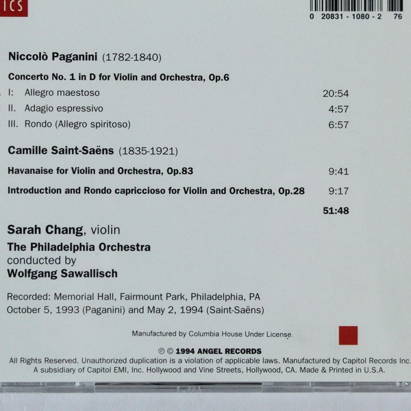 Sarah Chang Paganini Violin Concerto No. 1 CD 1994 EMI Classics Angel Records